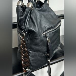B Makowsky Black Leather Shoulder Bag  w/double handles & tortoise chain strap